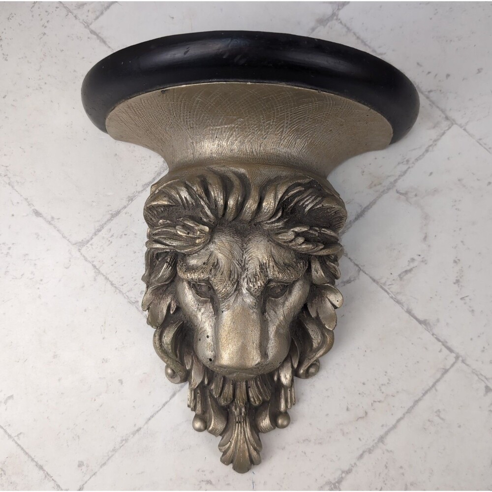 Vintage Lion Head Wall Shelf  9” Gold Black Resin Hollywood Regency Neoclassical